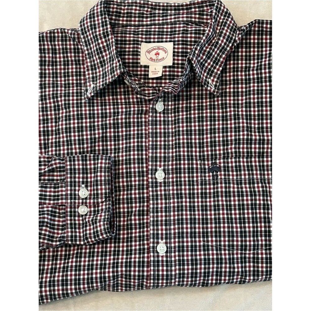 Brooks Brothers Red Fleece Shirt L Plaid Button Down 100% Cotton Long Sleeve